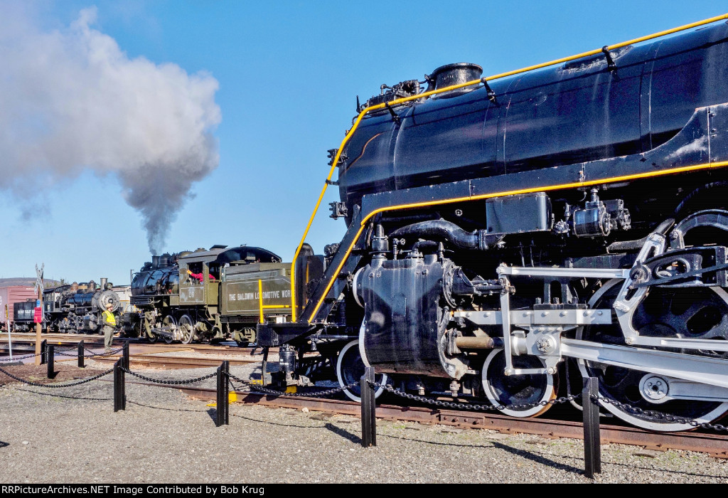 Triple line-up:  BLW 26 bracketed by Rahway Valley 15 (L) and Reading T-1 2124 (R) in the Steamtown Yard